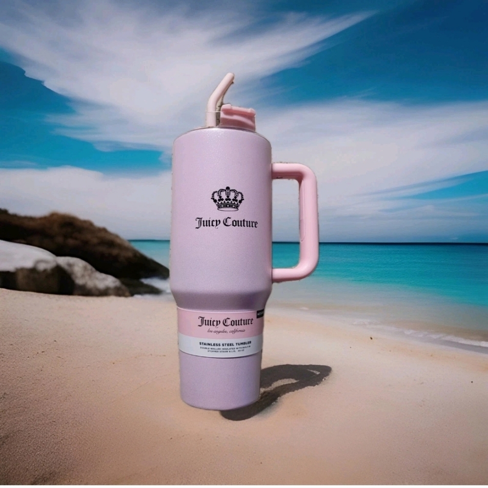 Juicy Couture Pink Shimmer Stainless Steel 40 oz Tumbler Built-in Stopper Straw